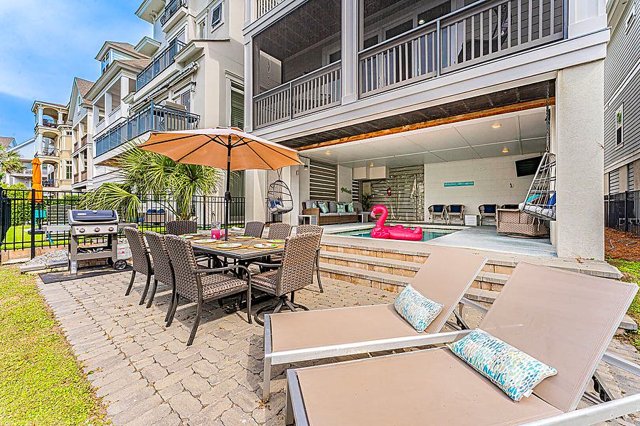 Pool, paver patio, grill and loungers